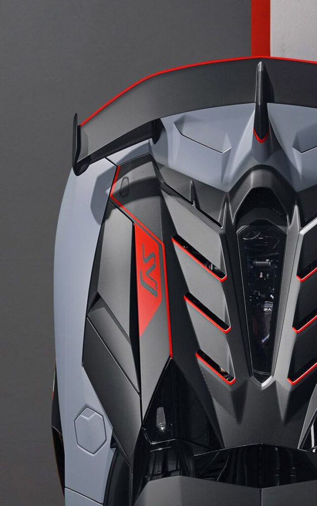 Futuristic vehicle design with sleek black and red detailing, highlighting aerodynamic structure.