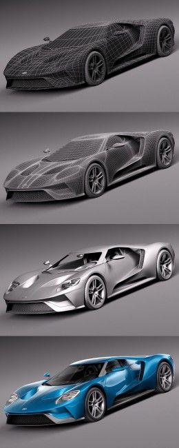 Progression of a sports car design from wireframe to finished blue model.