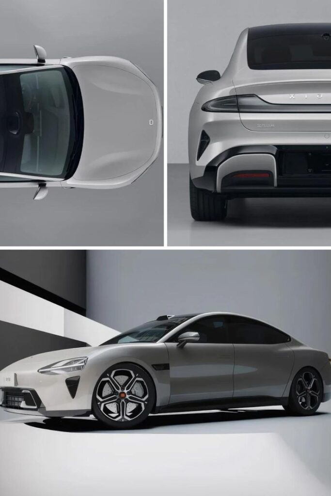 Sleek silver electric sedan with futuristic design, stylish wheels, and a panoramic roof, viewed from various angles.