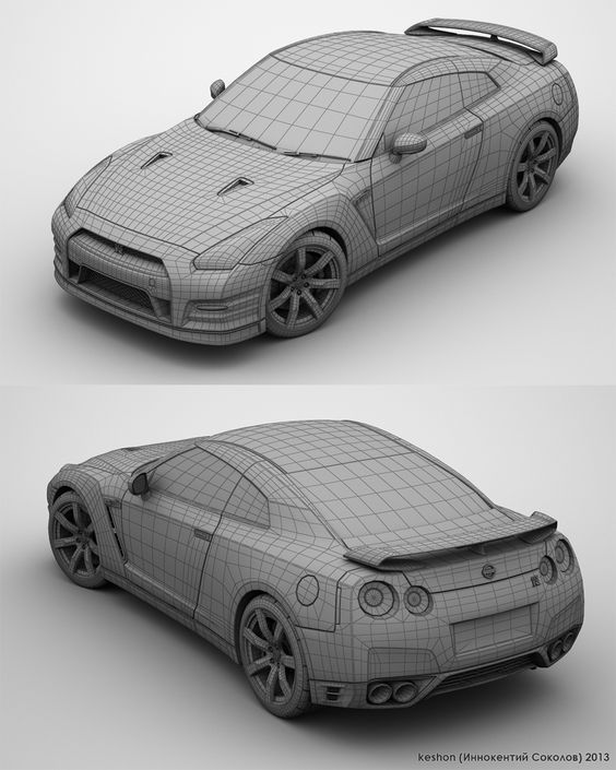 3D wireframe model of a sleek sports car showcasing front and rear views on a neutral background.