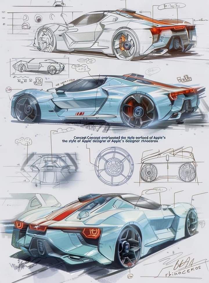 Futuristic car design sketches showing sleek, aerodynamic features and modern styling in various perspectives.