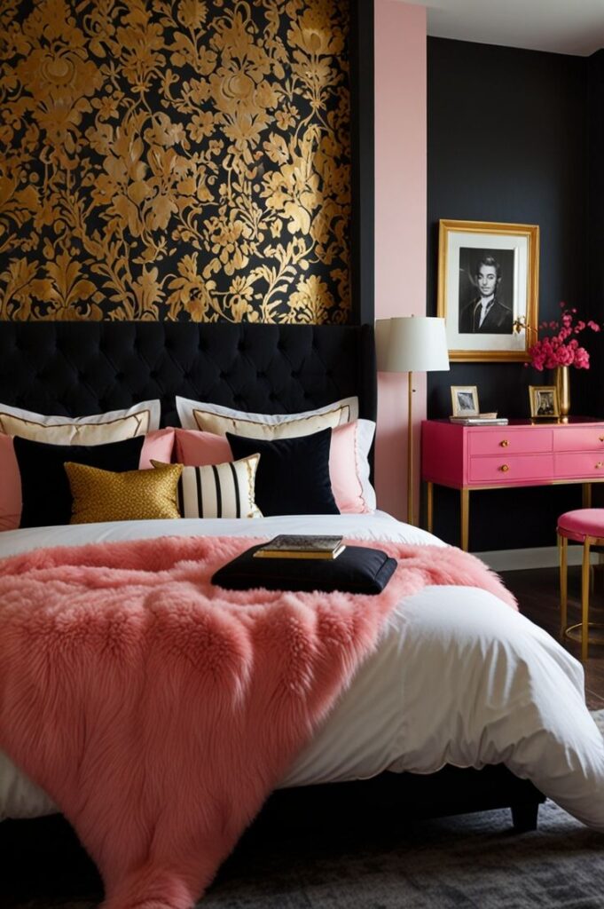 Luxurious bedroom with black and gold floral wallpaper, pink accents, and plush bedding for a chic, elegant look.