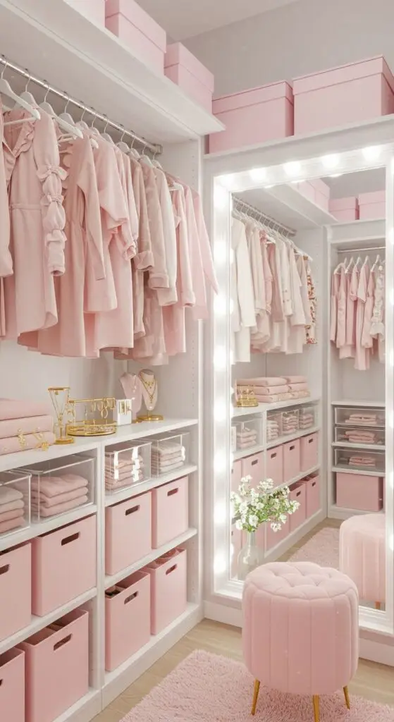 Modern Closet Ideas for a Sleek Organized Space 👗✨ Luxurious pink walk-in closet with clothing, storage boxes, mirror, and plush stool for elegant organization. | Sky Rye Design Luxurious pink walk-in closet with clothing, storage boxes, mirror, and plush stool for elegant organization.