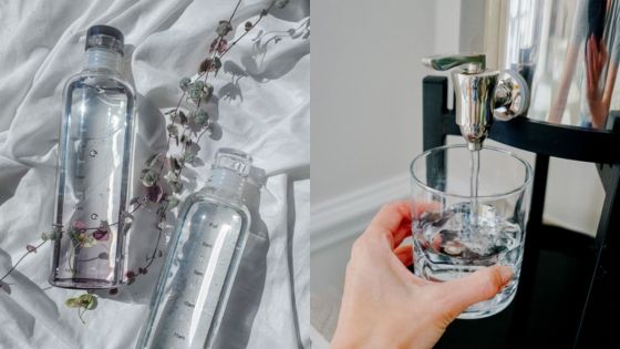 Clear water bottles with floral accents and a hand filling a glass from a dispenser, symbolizing purity and refreshment.