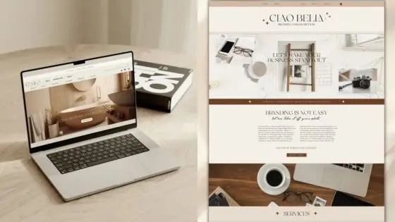 Modern website design trends you need to try Laptop displaying Ciao Bella branding website design, showcasing elegant style and modern aesthetics on a wooden table. | Sky Rye Design Laptop displaying Ciao Bella branding website design, showcasing elegant style and modern aesthetics on a wooden table.