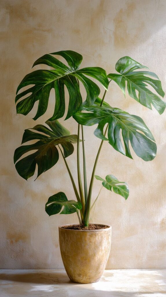 Potted Monstera plant with large green leaves against a textured beige wall, adding natural decor indoors.