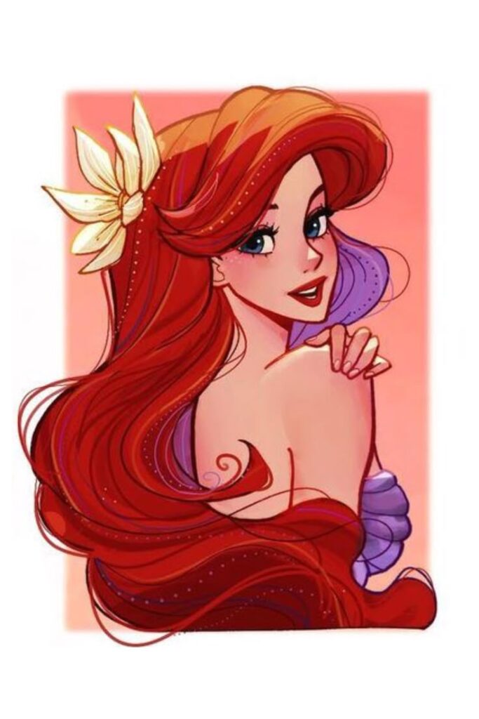 Illustration of a red-haired mermaid with a floral hair accessory, smiling over her shoulder on a pink background.