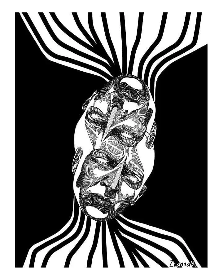 Abstract art with black and white line patterns forming a distorted, mirrored face.