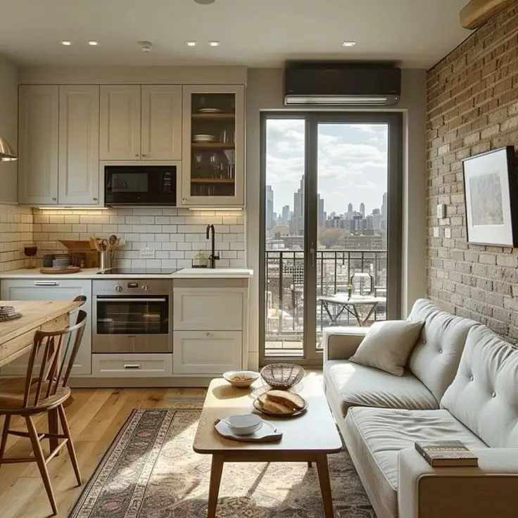 Cozy modern apartment with kitchen, city view balcony, and comfortable living area. Neutral tones and natural light.