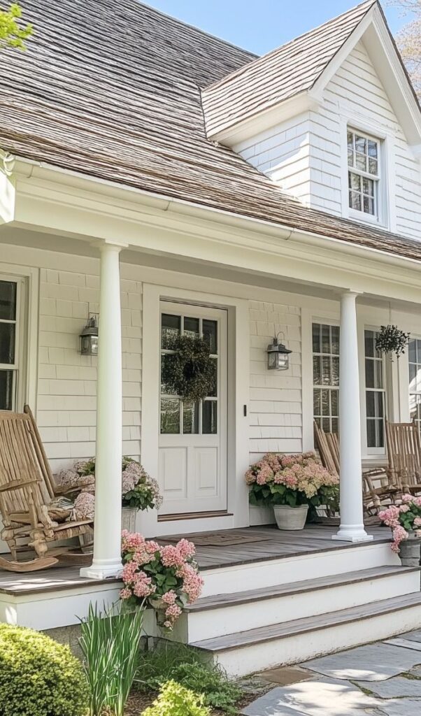 Charming white house with inviting porch, rocking chairs, and lush pink hydrangeas in full bloom.