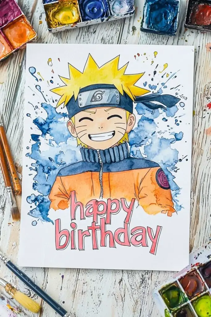 Anime character birthday card with watercolor design and art supplies on a wooden table.