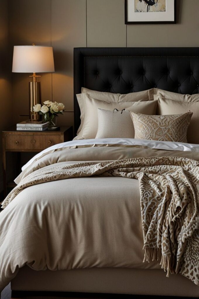 Cozy bedroom with beige bedding, decorative pillows, and a side table lamp, creating a stylish and inviting atmosphere.