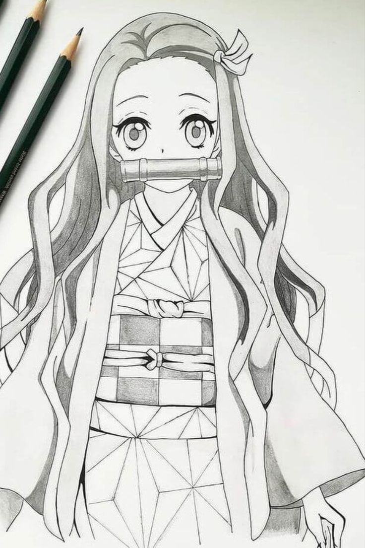 Anime character pencil drawing, girl with long hair and kimono, holding bamboo stick in mouth.