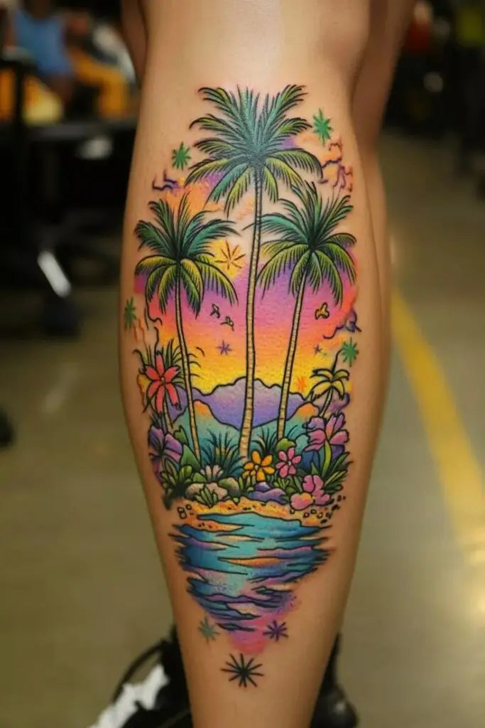 Colorful sunset beach tattoo with palm trees and vibrant flowers on a leg.