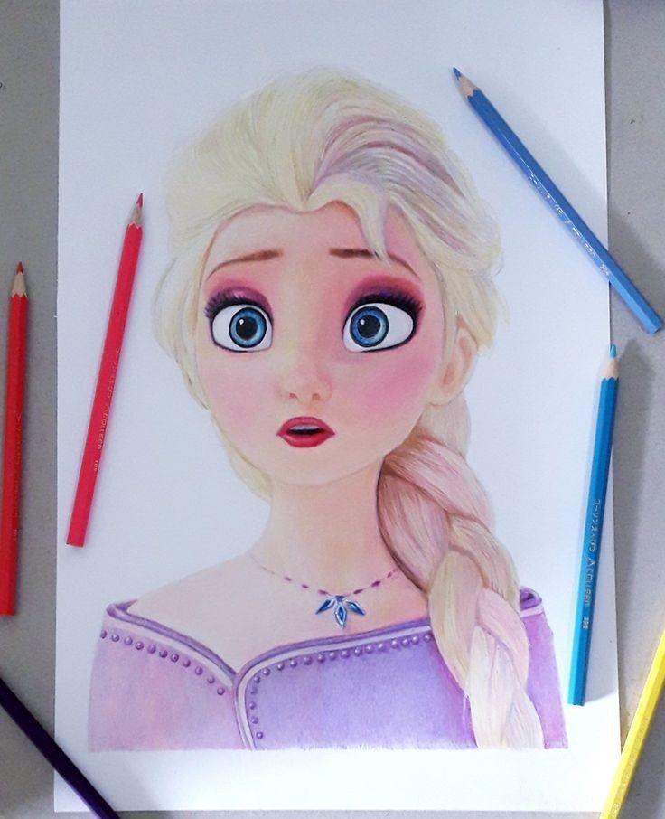 Colored pencil drawing of a surprised cartoon character with blue eyes and a braid, surrounded by colored pencils.