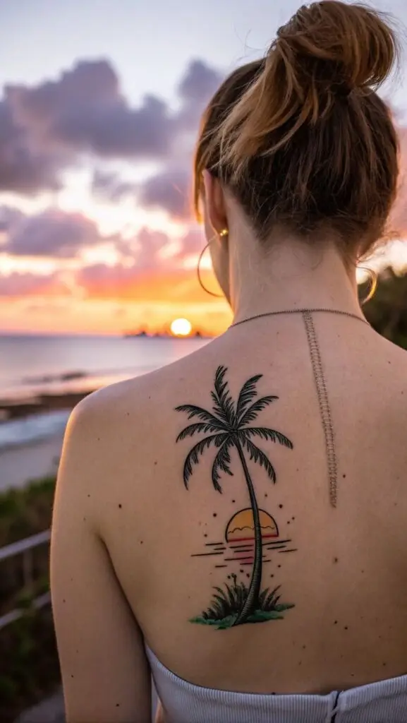 Woman with palm tree tattoo on back, gazing at vibrant sunset over ocean. Relaxation and tropical vibes.