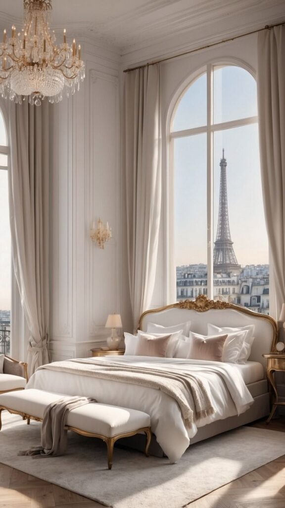 Luxurious Parisian bedroom with elegant decor and Eiffel Tower view through large arched windows.