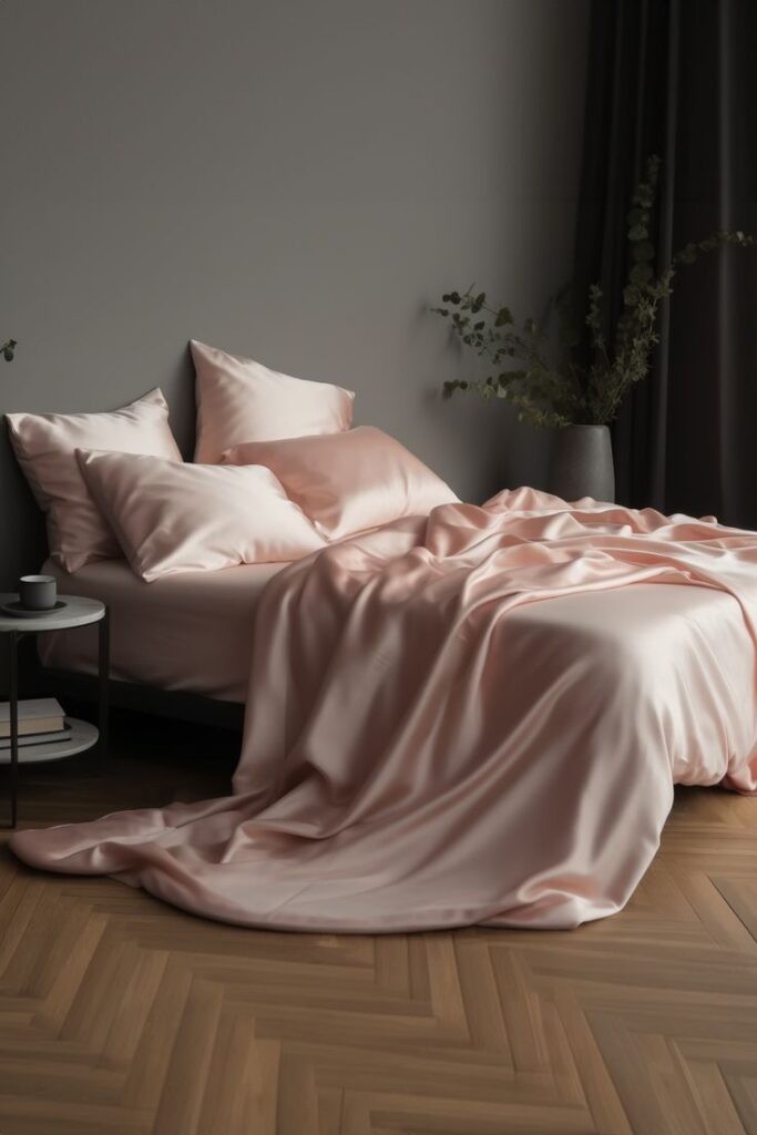 Luxurious peach satin bedding on a cozy bed with pillows, beside a side table and plant, in a serene bedroom.