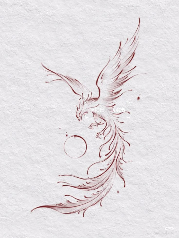 Elegant phoenix illustration in red ink, soaring with a flowing tail on a textured white background.