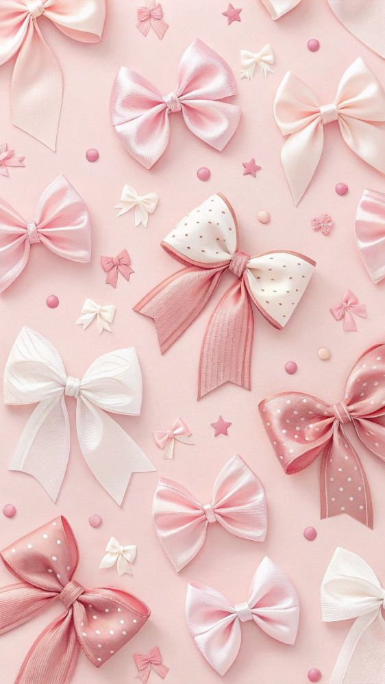 Various pink and white decorative bows on a pastel background, perfect for crafting or gift wrapping themes.