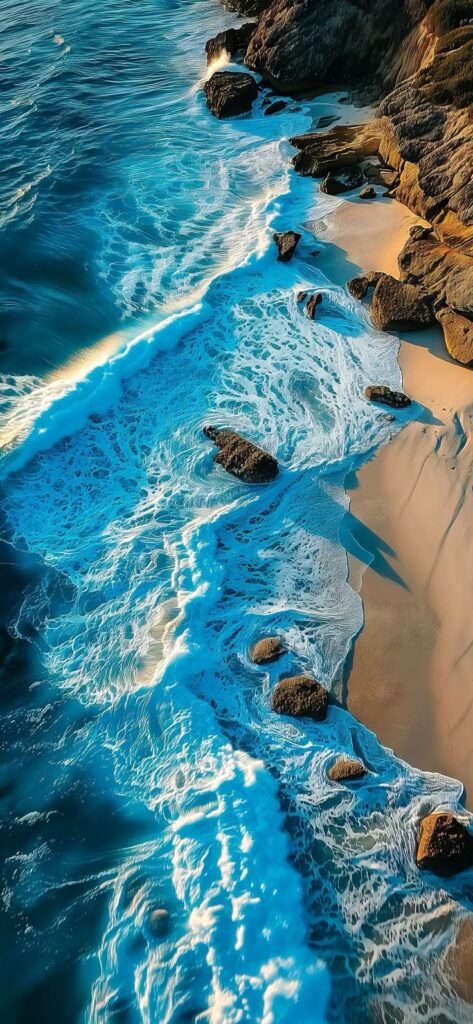 Aerial view of vibrant ocean waves crashing on a rocky shoreline at sunset, creating a stunning coastal landscape.