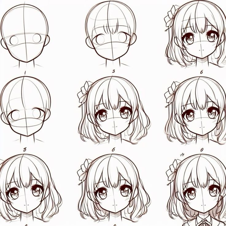 Anime face drawing tutorial: step-by-step guide to sketch a girl's face.