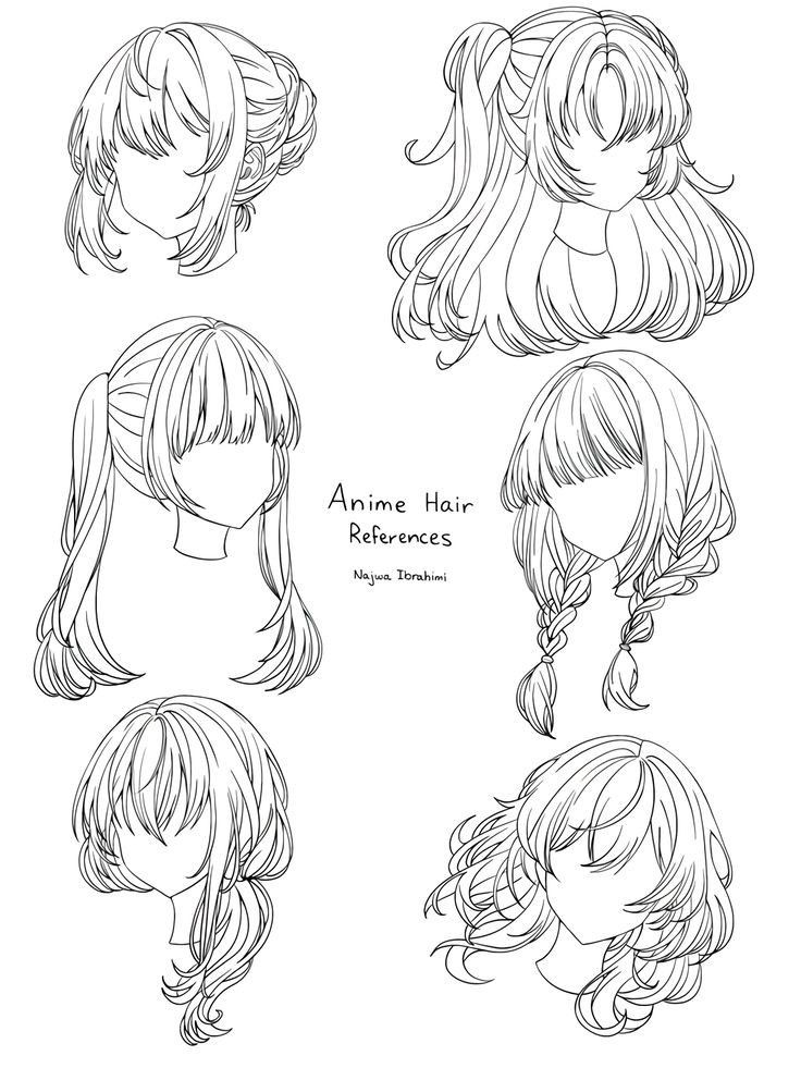 Illustrated anime hair references featuring diverse styles and designs, perfect for character drawing inspiration.