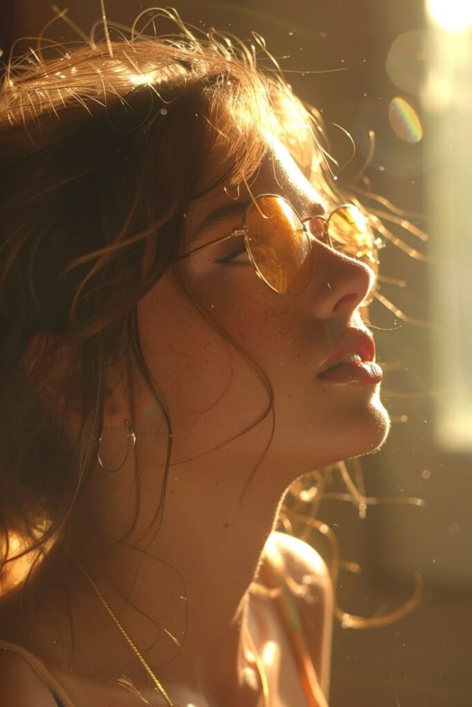 Woman in sunglasses, sunlight on face, serene expression, warm glow, gold jewelry, artistic portrait.