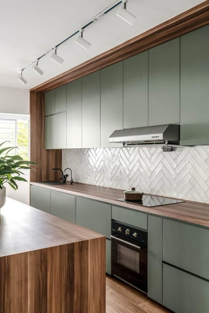 Modern kitchen with green cabinets, wood countertop, and white herringbone backsplash for a stylish look.