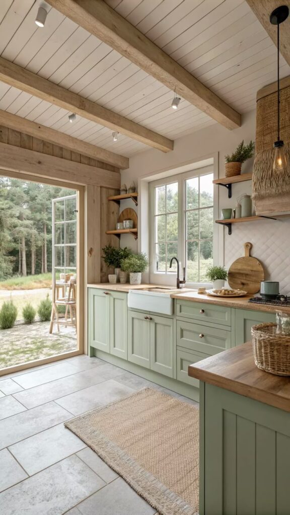 Rustic kitchen with mint green cabinets, wooden beams, large windows, and scenic outdoor view.