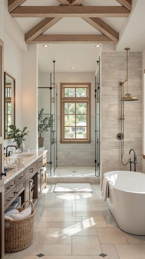 Luxurious bathroom with freestanding tub, wooden beams, and modern glass shower under natural light.