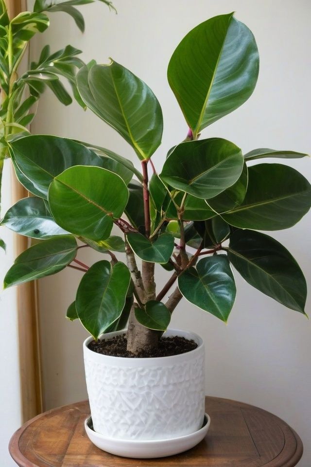 Indoor rubber plant with glossy leaves in a decorative white pot on a wooden table. Perfect for home decor and air quality.