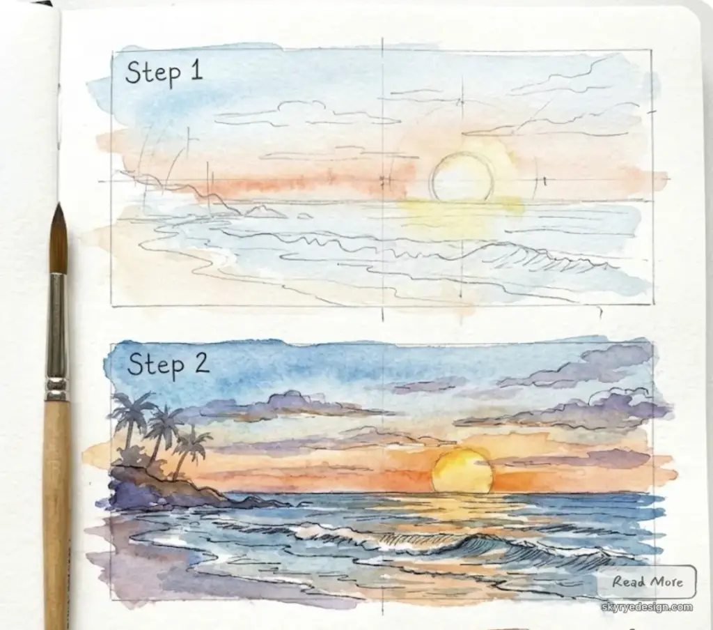 Watercolor tutorial: two-step sunset seascape showing sketch and finished beach painting with sun, waves, palm silhouettes and brush. how to draw sunset