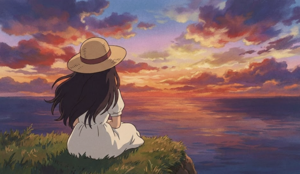 Anime girl in straw hat sits on grassy cliff watching a vibrant sunset over the calm ocean — serene illustration for travel and relaxation.