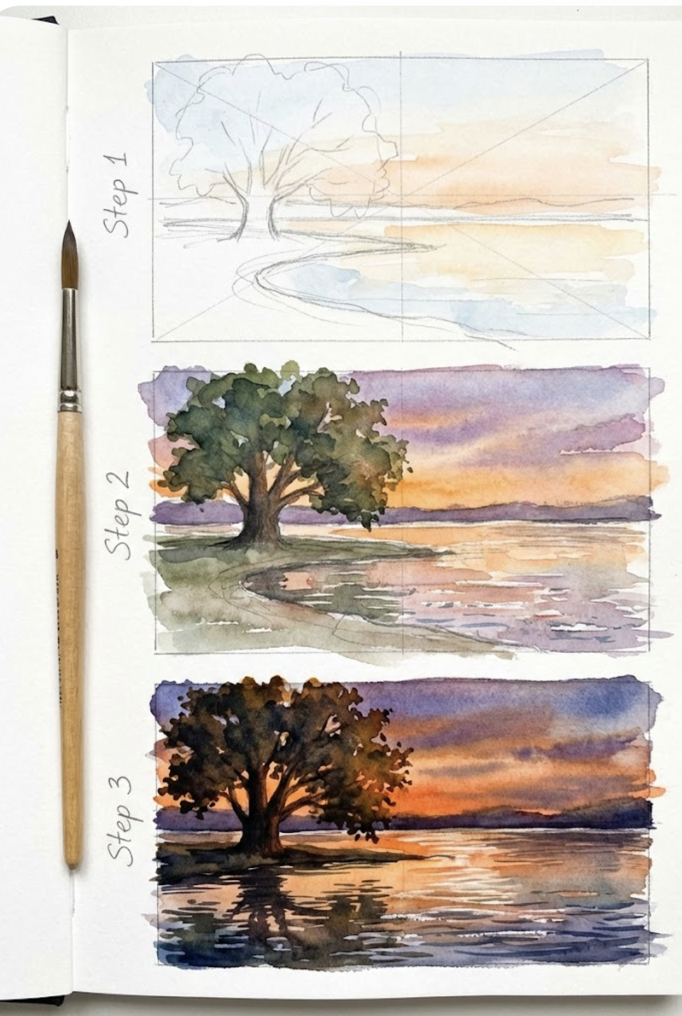 Watercolor tree sunset tutorial in sketchbook — three step paintings showing reflections on water, with a paintbrush alongside.