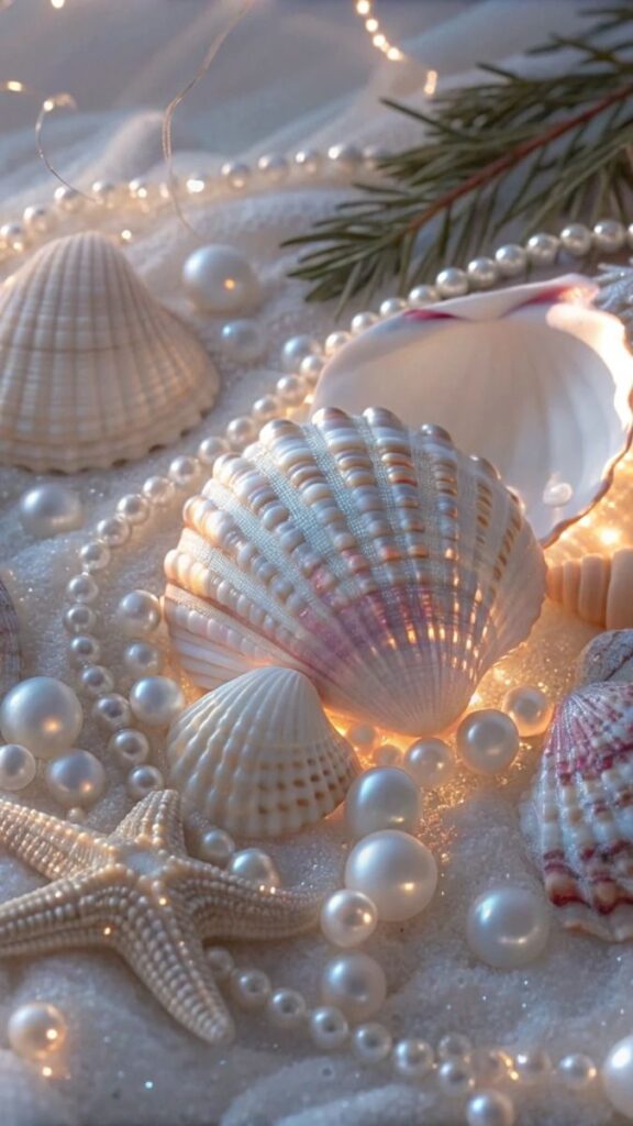 Seashells and pearls on sand with a starfish and festive lights create a serene coastal holiday decor.