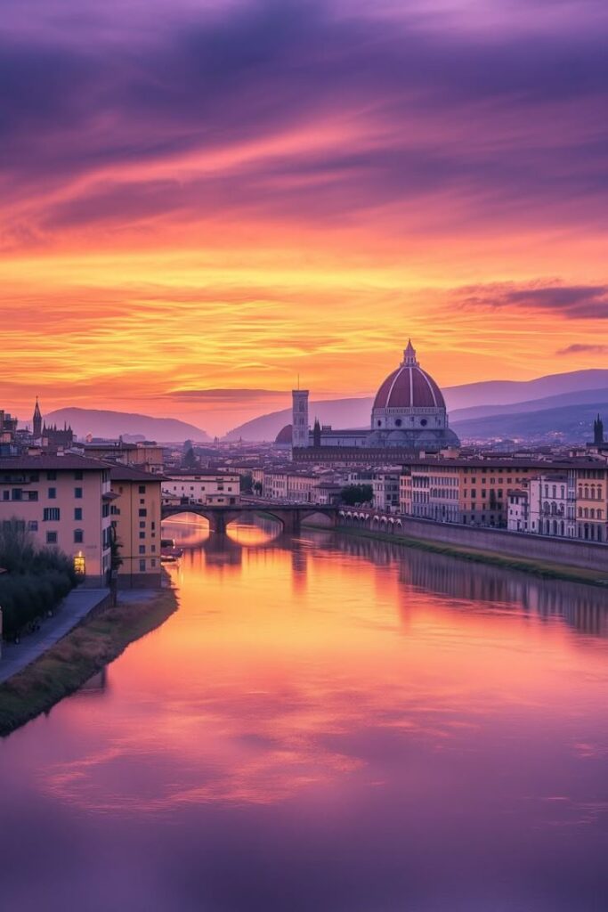 Sunset over Florence with view of the Arno River and iconic dome, bathed in vibrant purple and orange hues.