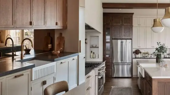 Shaker kitchen cabinets remain popular in 2025 Modern kitchen with farmhouse sink, wooden cabinets, and stainless steel appliances. Warm, inviting design and decor. | Sky Rye Design Modern kitchen with farmhouse sink, wooden cabinets, and stainless steel appliances. Warm, inviting design and decor.