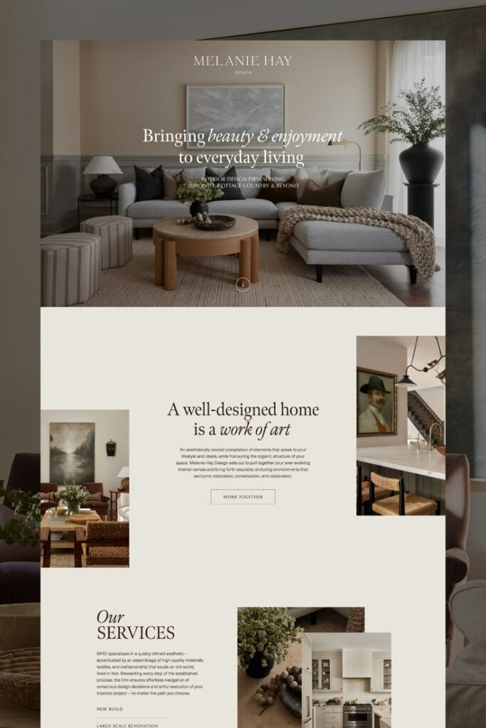 Elegant interior design homepage showcasing cozy living room and services by Melanie Hay Design.