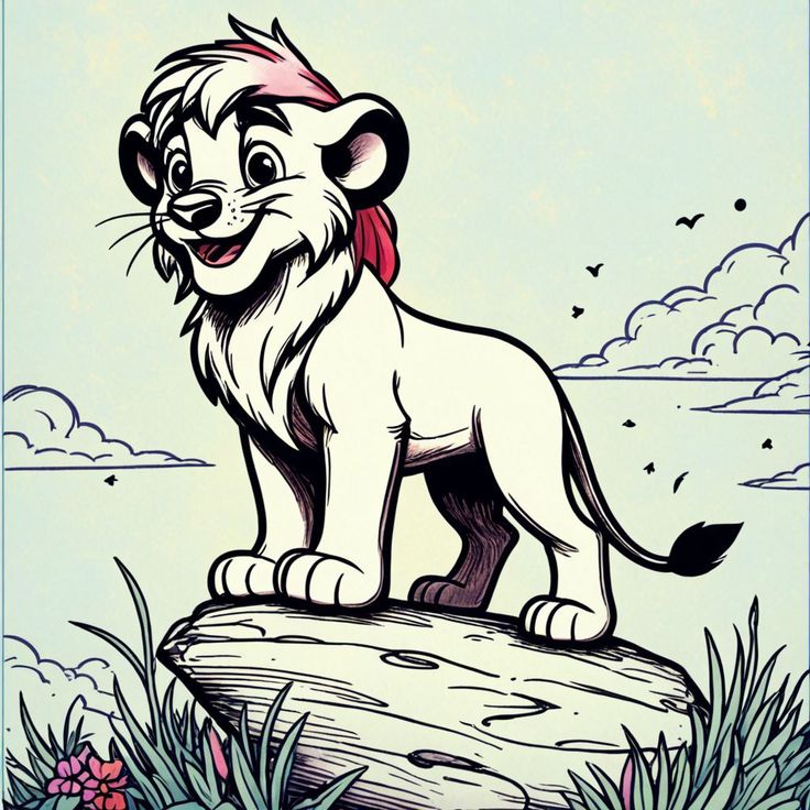 Cartoon lion cub stands proudly on a rock, surrounded by nature and clouds; vibrant and playful illustration.