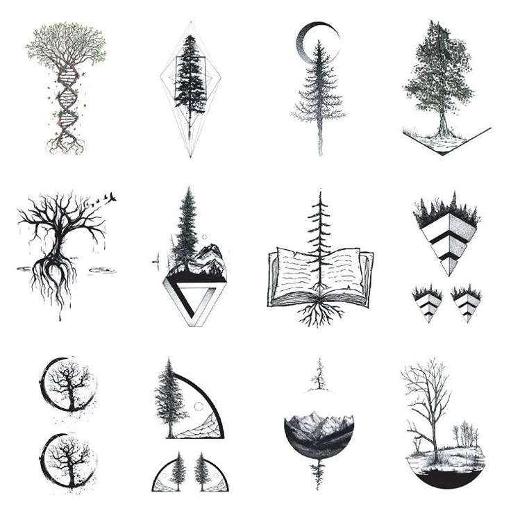 Geometric tree art collection with natural elements, featuring trees within shapes, books, and mountain designs.