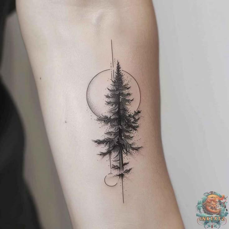 Minimalist tree tattoo with geometric circle design on forearm.