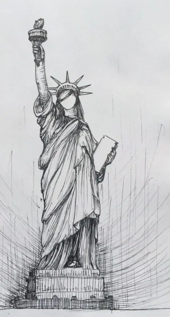 Sketch of the Statue of Liberty holding a torch and tablet, symbolizing freedom and hope.