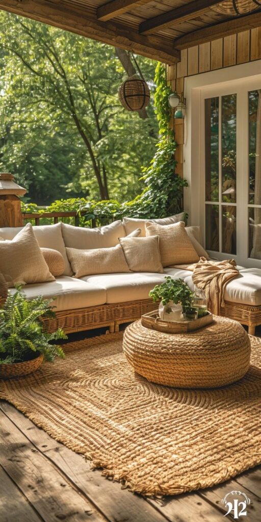 Cozy outdoor patio with wicker sofa, green plants, and rustic decor under a wooden pergola.