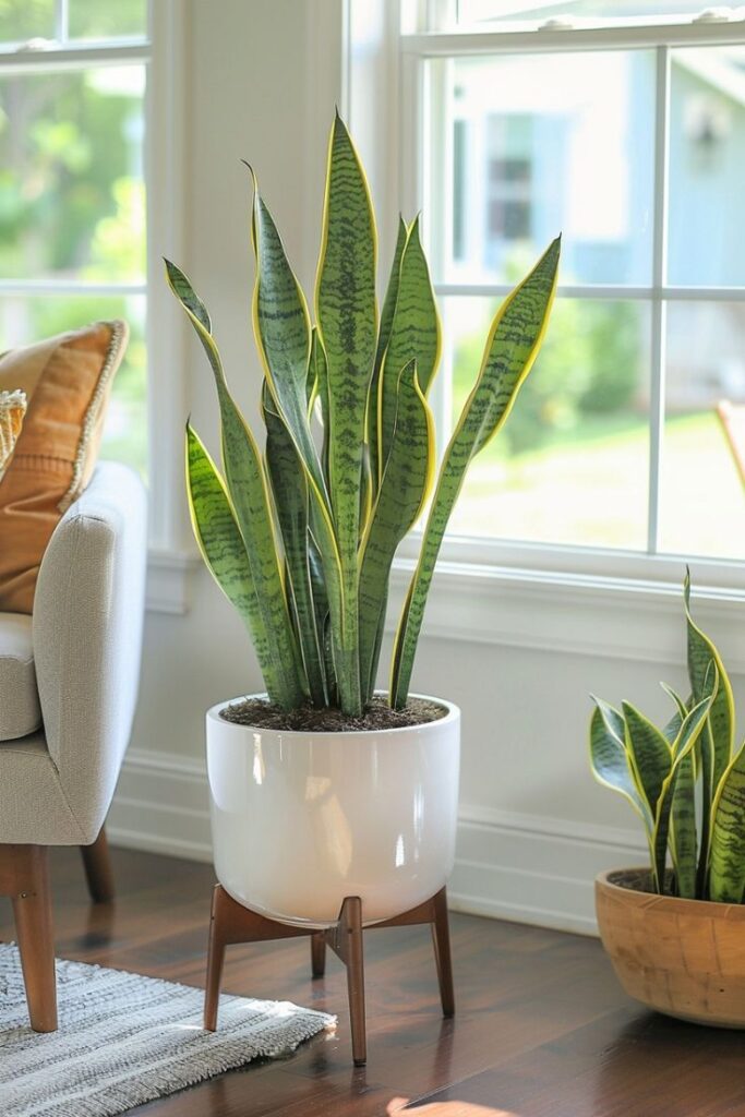 Snake plant in modern white pot by sunny window, adding greenery to room with cozy decor.