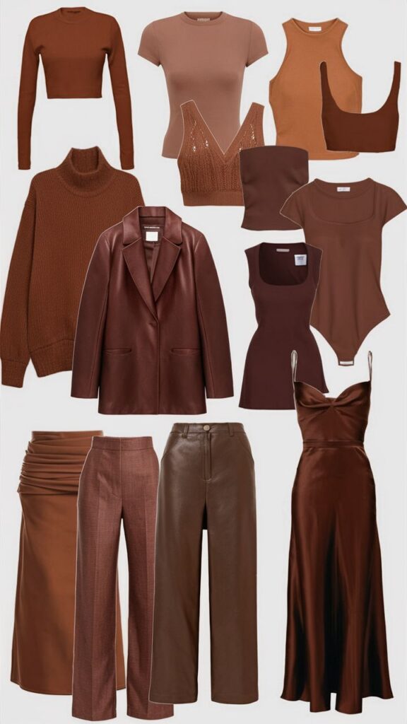 Collage of fashionable brown clothing items: sweaters, tops, pants, skirts, and dresses for a stylish wardrobe.