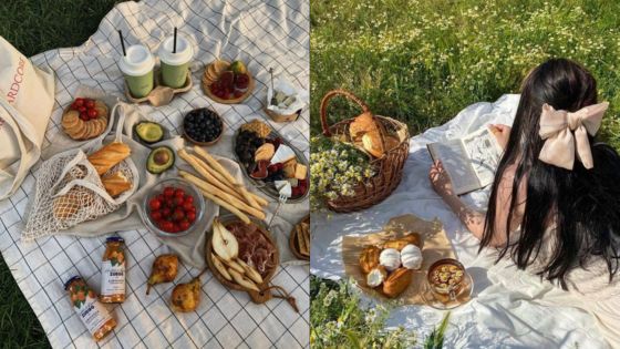 Picnic spread with fruits, pastries, and drinks on a checkered blanket; woman reading on a sunny day in a grassy field.