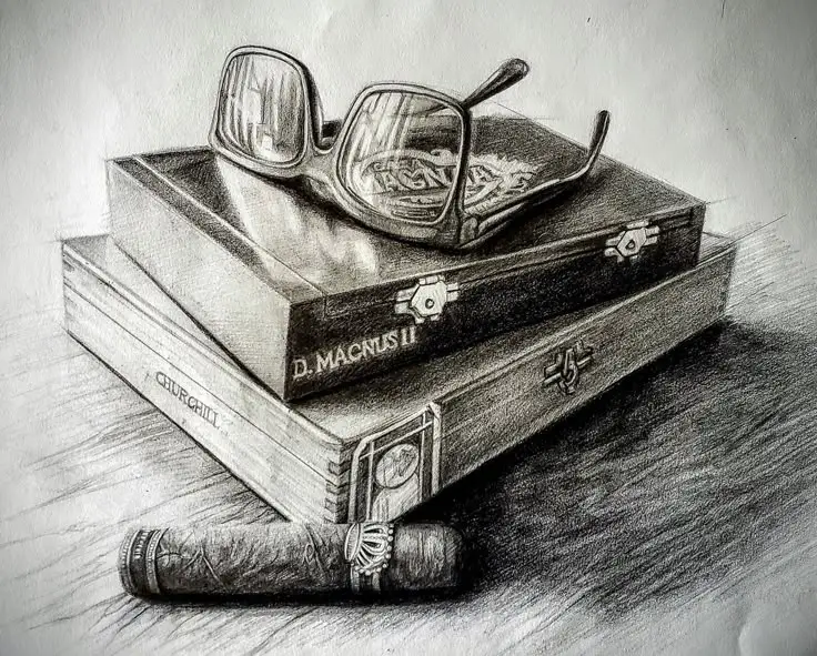 Pencil sketch of glasses on cigar boxes labeled D. Magnus II and Churchill, with a cigar in the foreground.