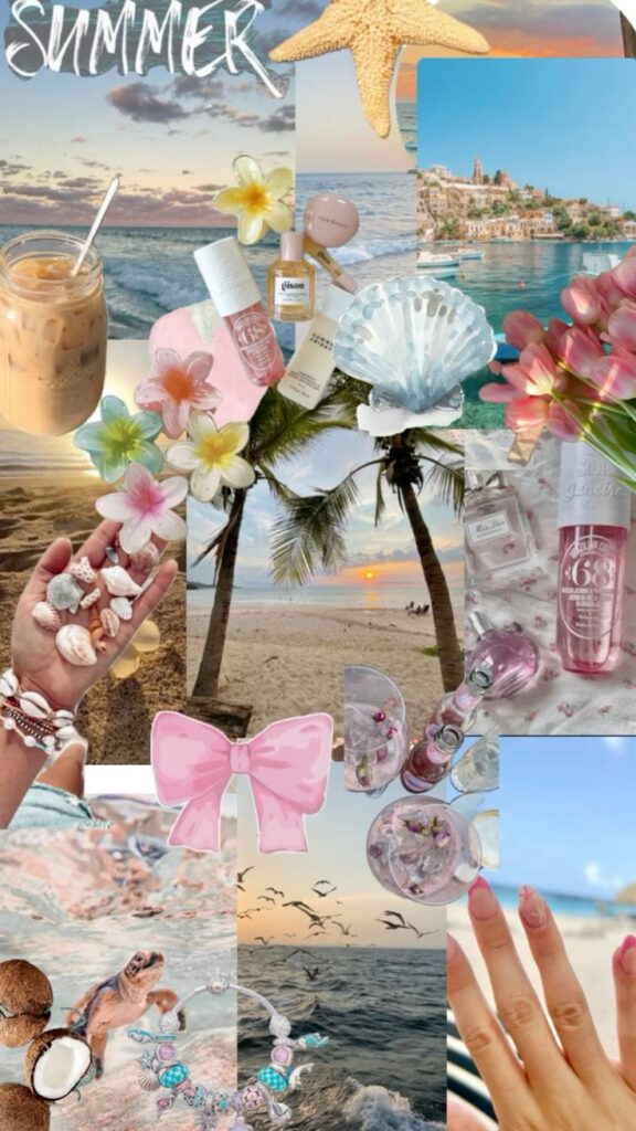 Summer collage with beach scenes, tropical flowers, shells, and beauty products, evoking a relaxing seaside vibe.