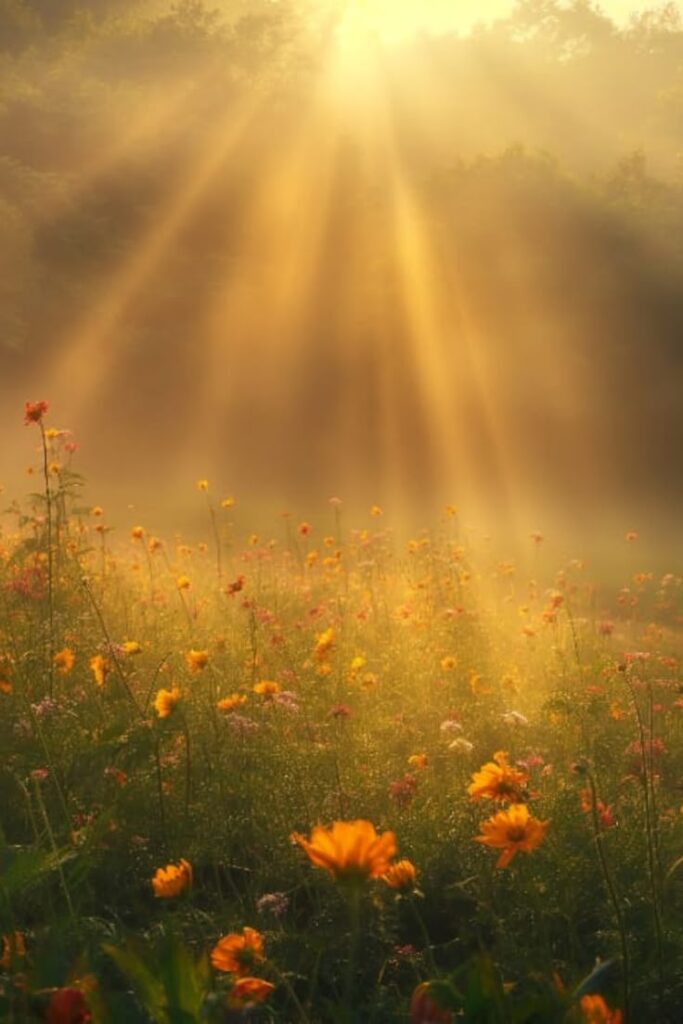 Sunlight filtering through trees onto a vibrant wildflower meadow, creating a serene and golden morning atmosphere.